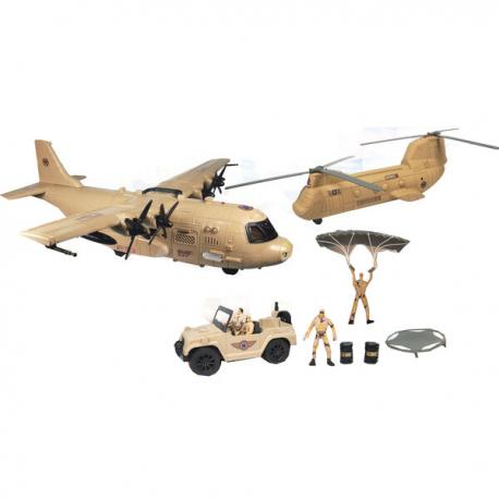 AVION MILITAIRE SONS ET LUMIERES - 2 VEHICULES ET FIGURINE SOLDAT